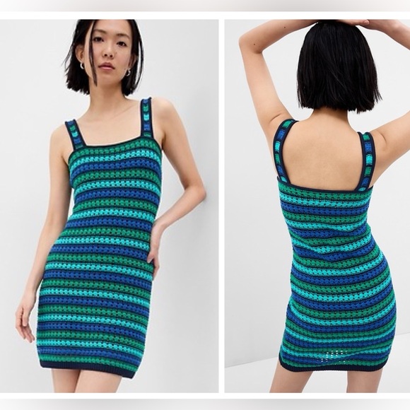 GAP Dresses & Skirts - GAP Crochet Blue and Green Striped Mini Dress Preppy Bohemian Indie Bodycon